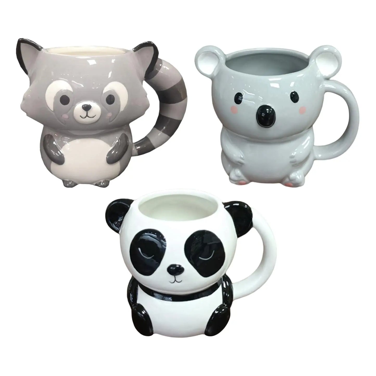 Cute ceramic animal mug showing all three designs: Raccoon, Panda, and Bear