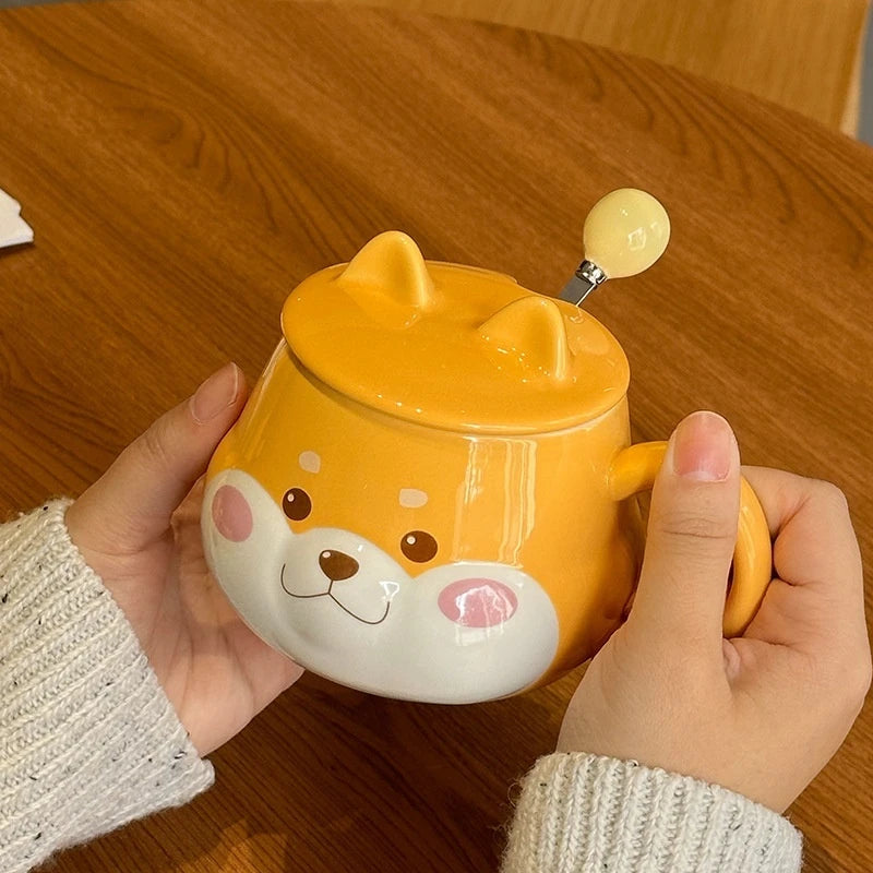 Cute Animal Dog Ceramic Mug with Lid & Spoon | 14oz | Perfect Gift for Dog Lovers