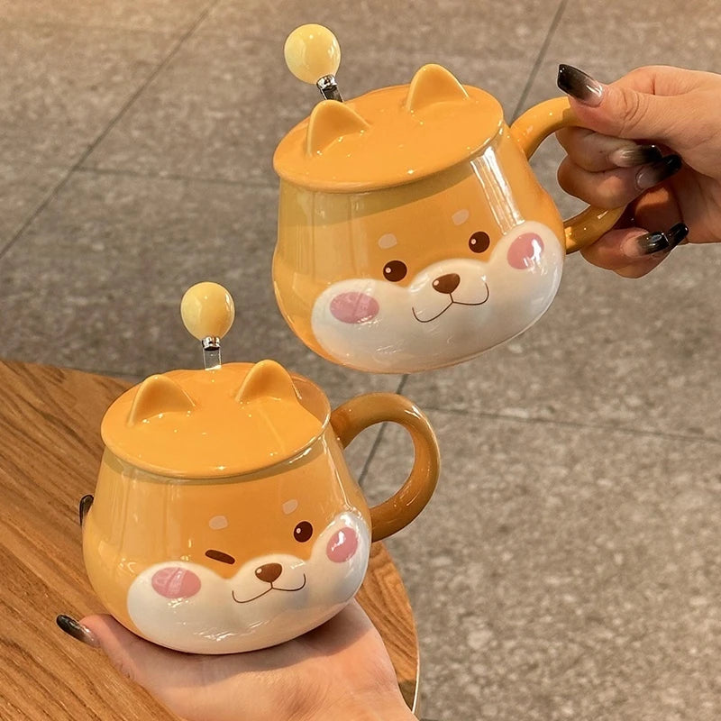 Cute Animal Dog Ceramic Mug with Lid & Spoon | 14oz | Perfect Gift for Dog Lovers