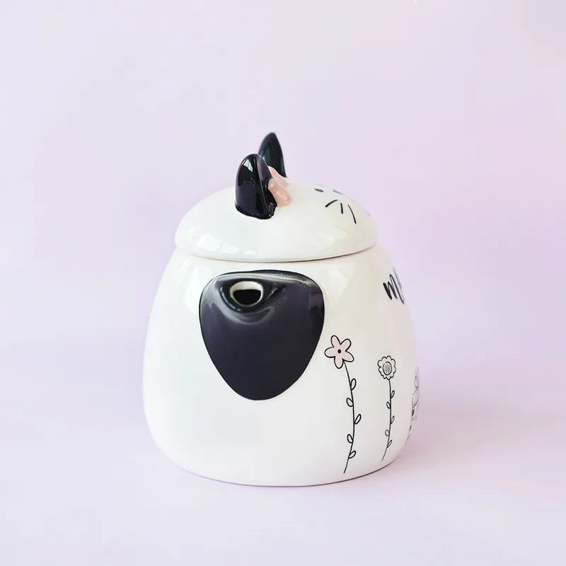 French style cat ceramic teapot front view with meow inscription - unique gift for cat lovers - CoffeePets