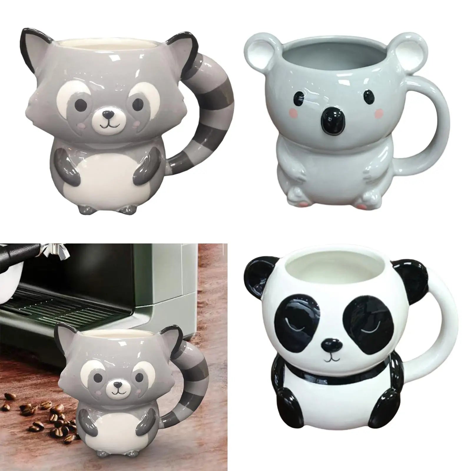 Cute ceramic animal mug showing all three designs: Raccoon, Panda, and Bear