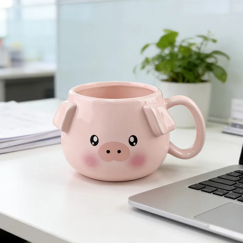 Pink piggy ceramic mug 16oz on office desk - cute animal mug - CoffeePets