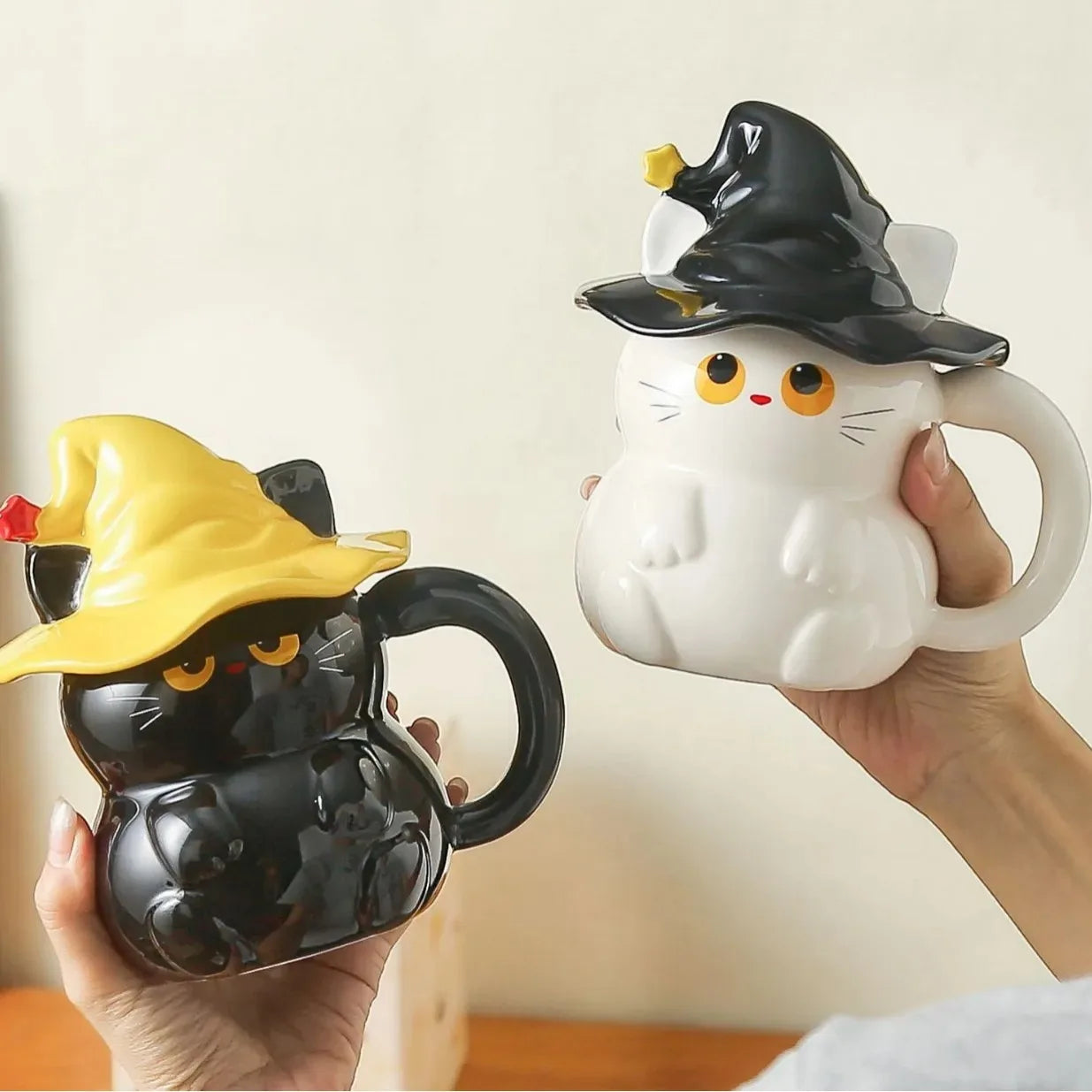 Magic Ghost Cat Ceramic Mug with Lid | Cat Lover Gift | Black & White Designs