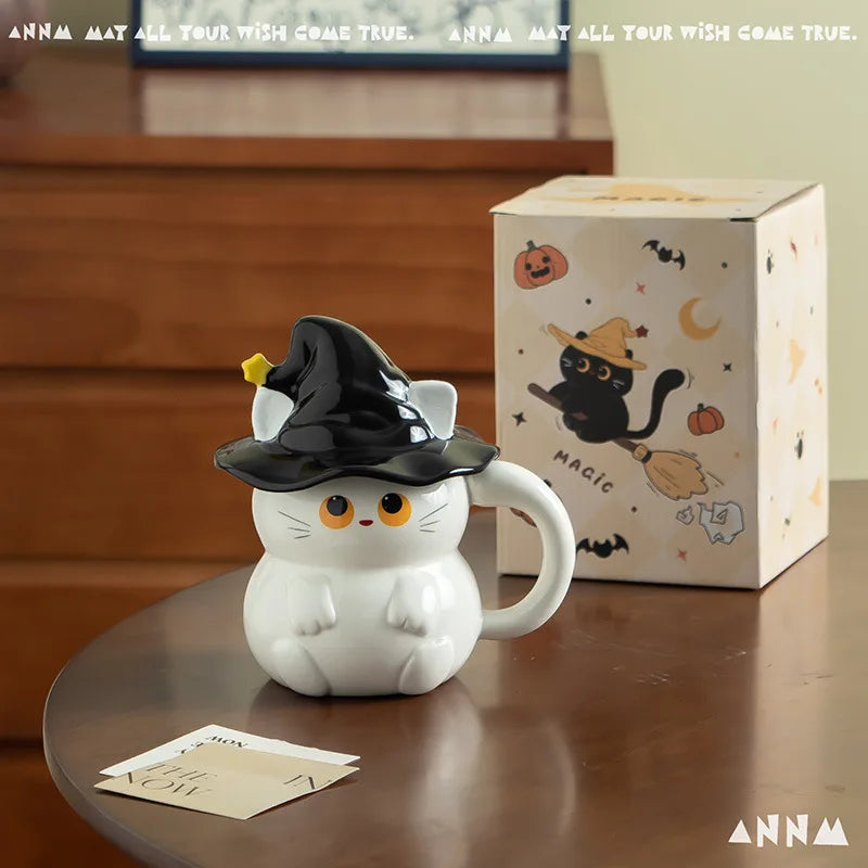 Magic Ghost Cat Ceramic Mug with Lid | Cat Lover Gift | Black & White Designs
