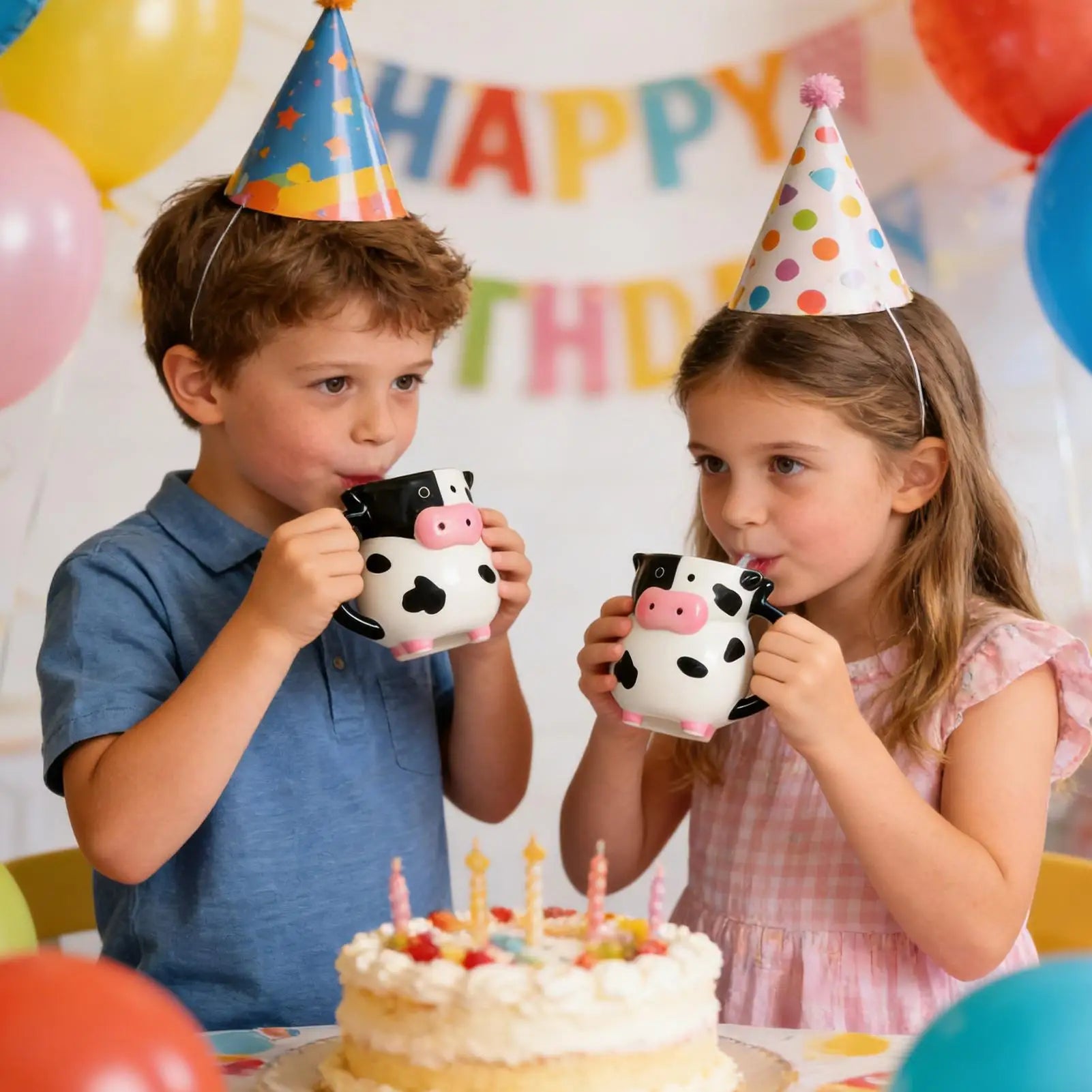 Children enjoying birthday drink in cute cow pattern ceramic mugs