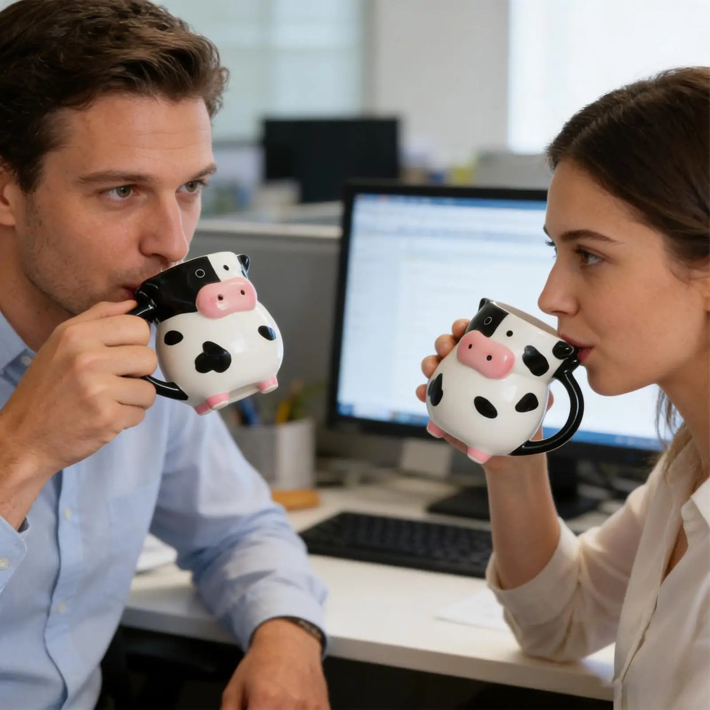 Couple enjoying morning coffee in cute cow pattern ceramic mugs