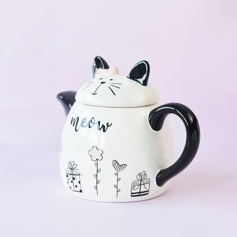 French style cat ceramic teapot side view with floral design - elegant cat gift - CoffeePets