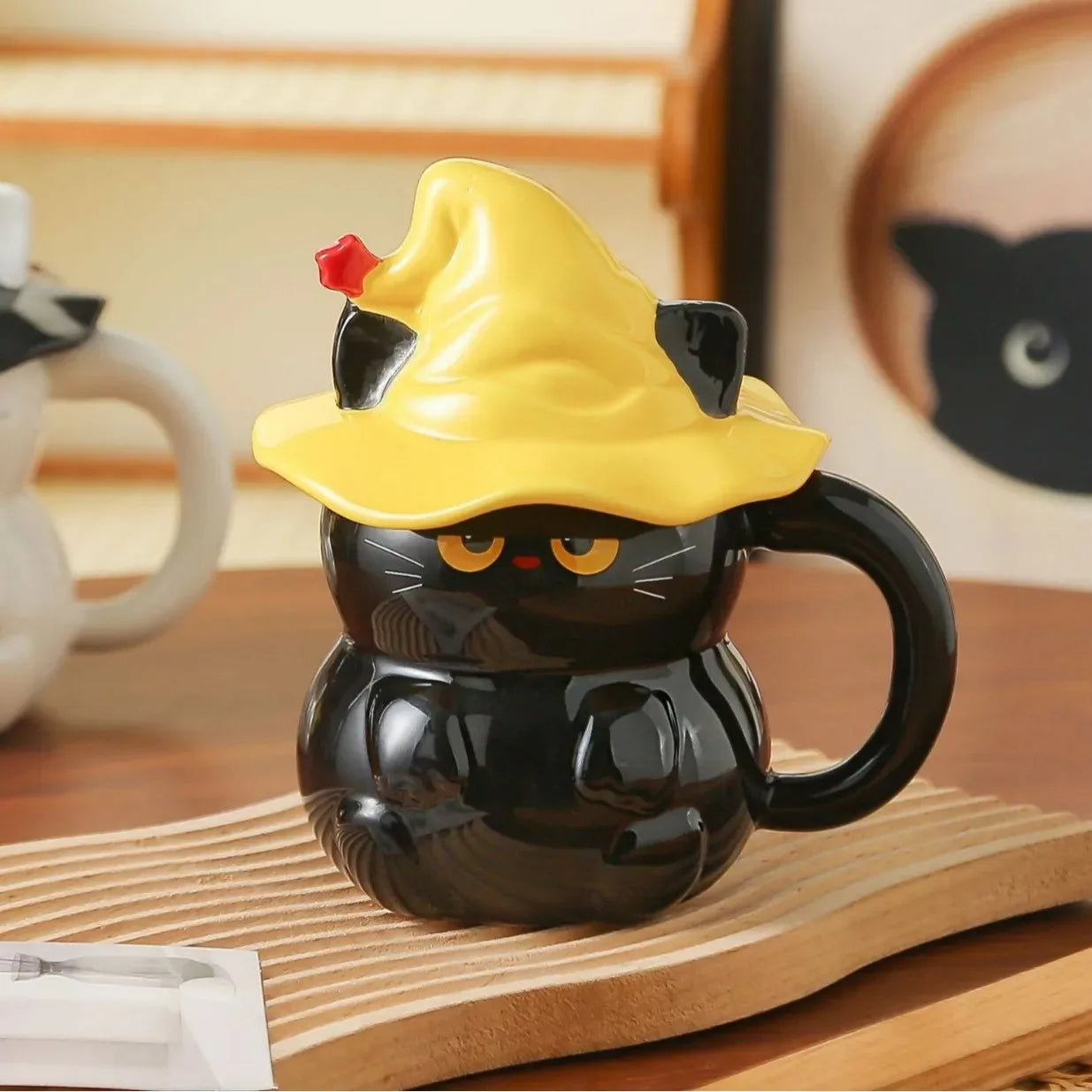 Magic Ghost Cat Ceramic Mug with Lid | Cat Lover Gift | Black & White Designs
