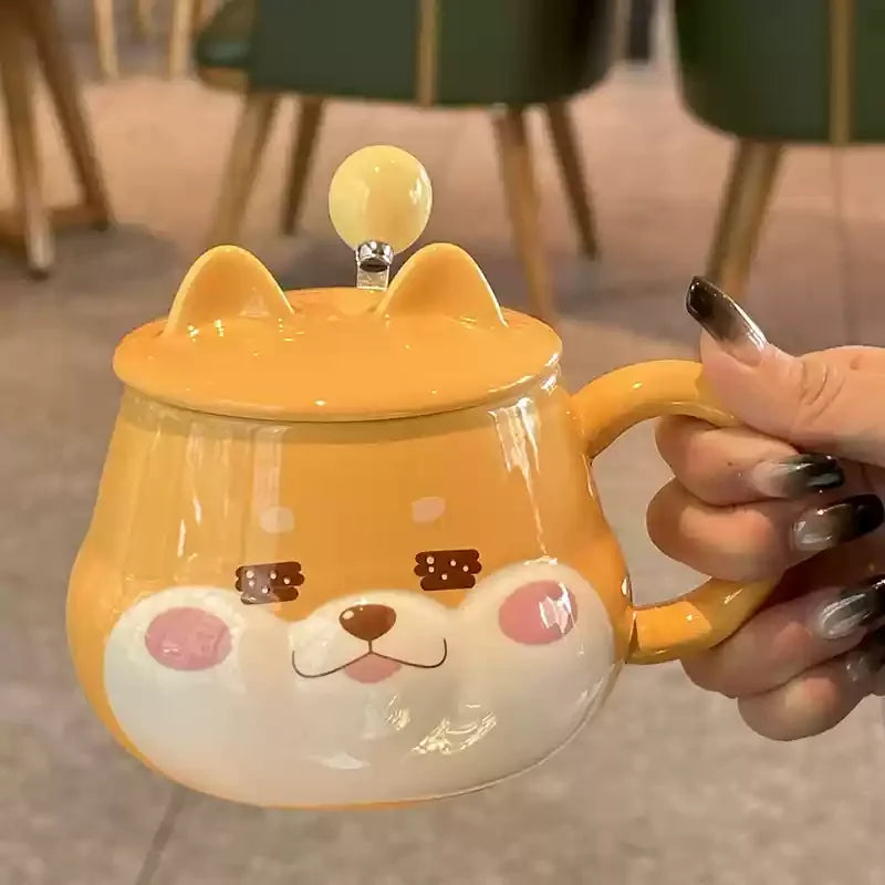 Cute Animal Dog Ceramic Mug with Lid & Spoon | 14oz | Perfect Gift for Dog Lovers