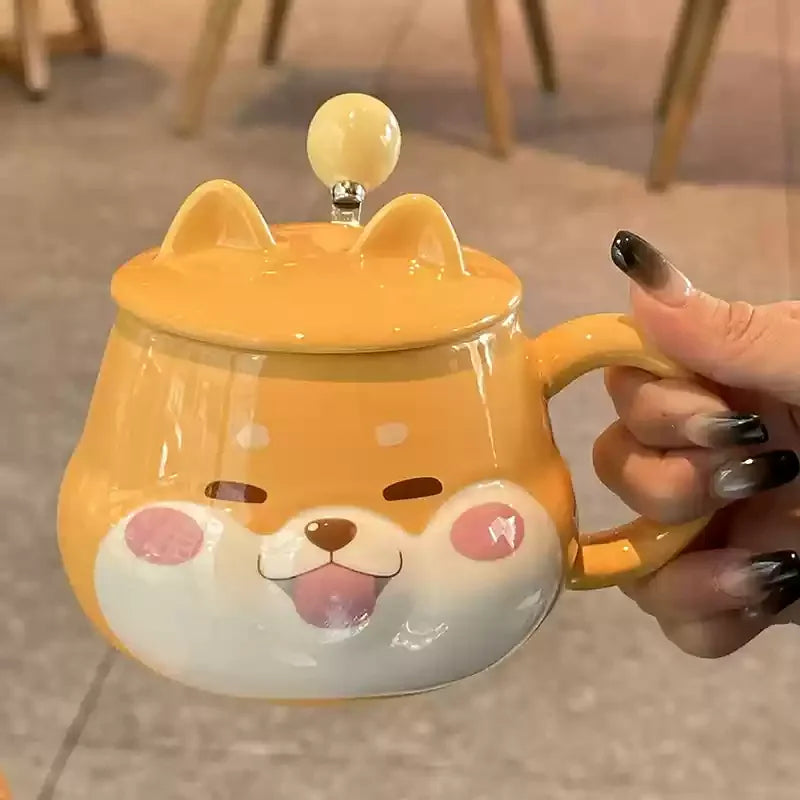 Cute Animal Dog Ceramic Mug with Lid & Spoon | 14oz | Perfect Gift for Dog Lovers