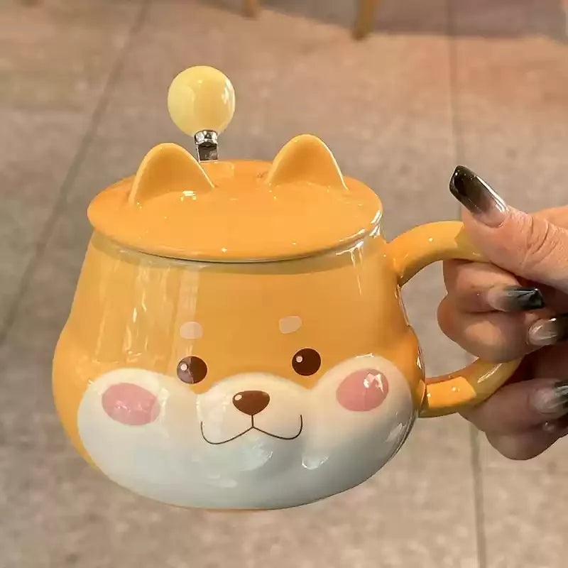 Cute Animal Dog Ceramic Mug with Lid & Spoon | 14oz | Perfect Gift for Dog Lovers