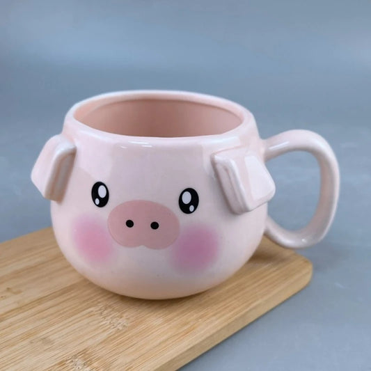 Pink piggy ceramic mug front view with pig ears and nose - unique animal gift - CoffeePets