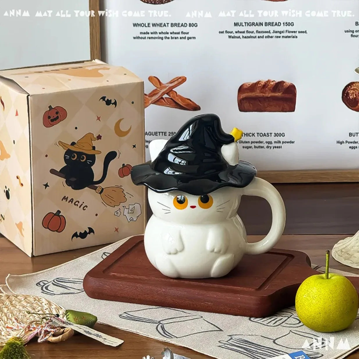 Magic Ghost Cat Ceramic Mug with Lid | Cat Lover Gift | Black & White Designs