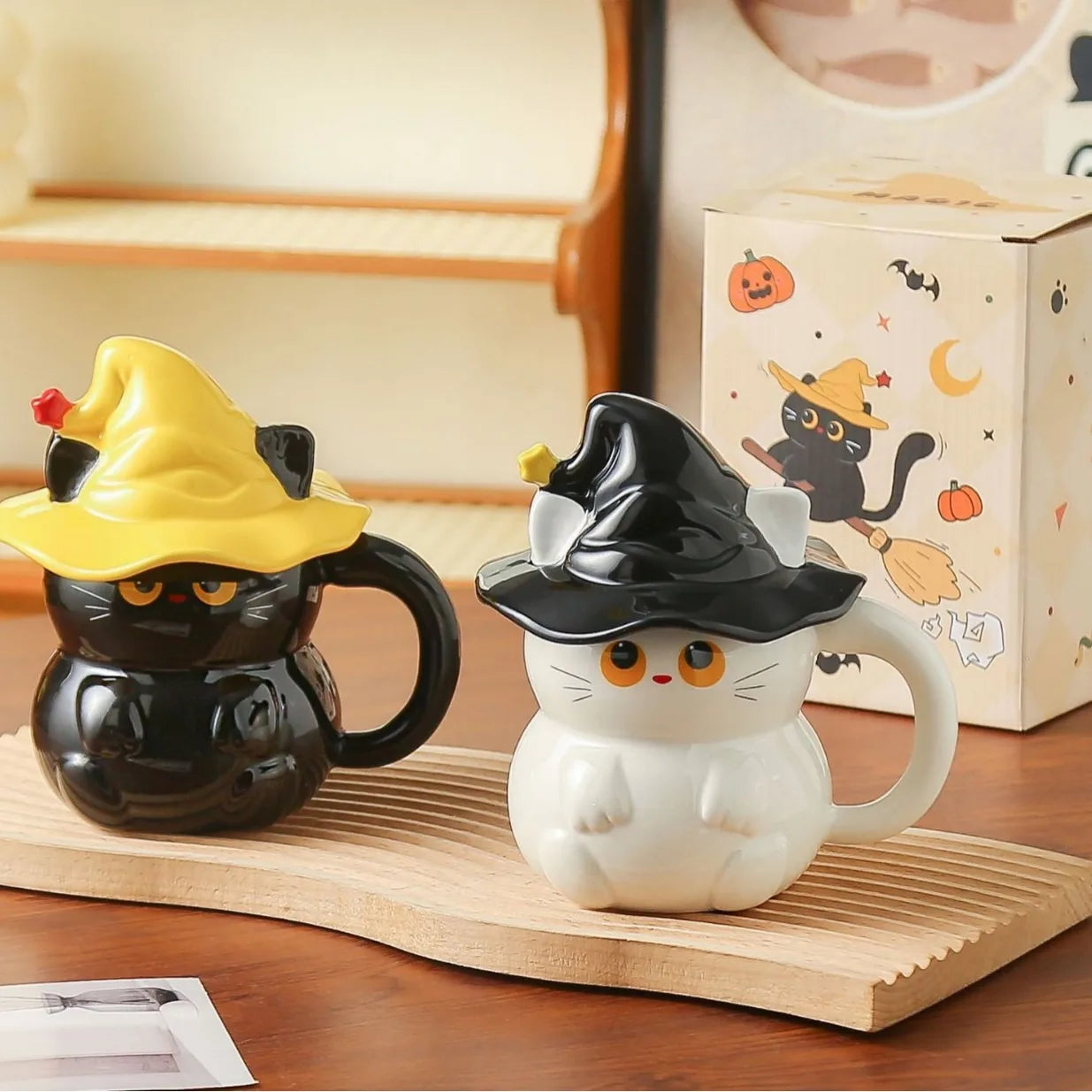 Magic Ghost Cat Ceramic Mug with Lid | Cat Lover Gift | Black & White Designs