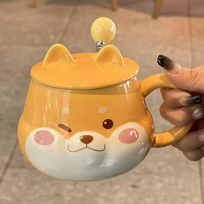Cute Animal Dog Ceramic Mug with Lid & Spoon | 14oz | Perfect Gift for Dog Lovers