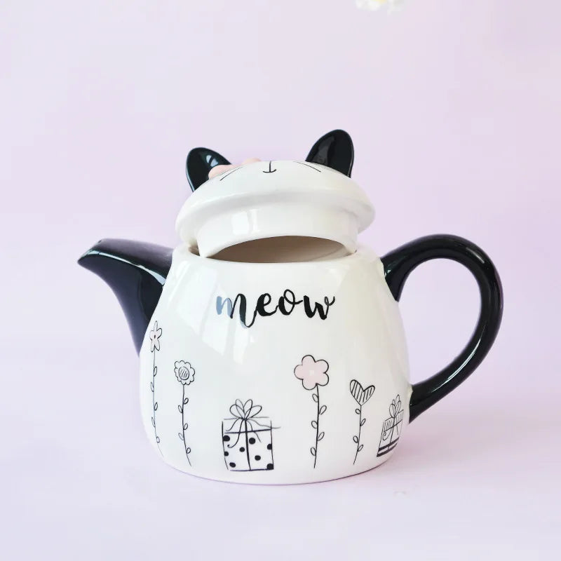 French style cat ceramic teapot top view showing cat ears - premium ceramic tea set - CoffeePets