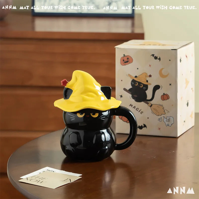 Magic Ghost Cat Ceramic Mug with Lid | Cat Lover Gift | Black & White Designs