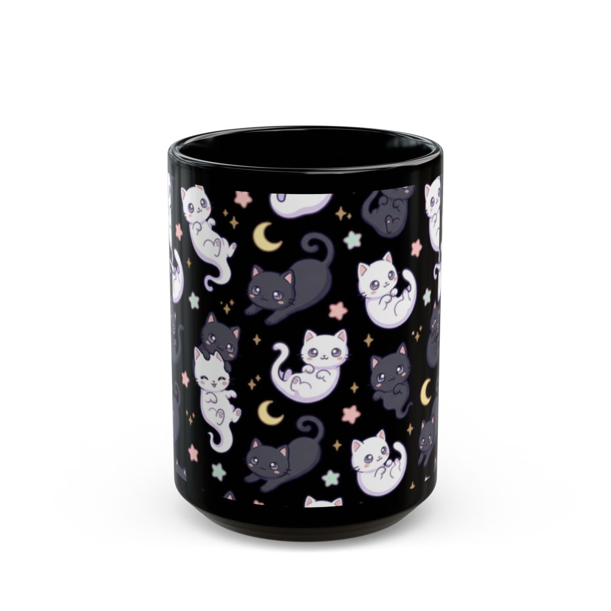 Ghost Cat Kawaii Black Ceramic Mug | 15oz | Perfect Gift for Cat Lovers