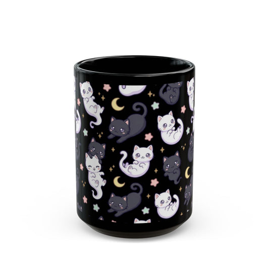 Ghost Cat Kawaii Black Ceramic Mug | 15oz | Perfect Gift for Cat Lovers
