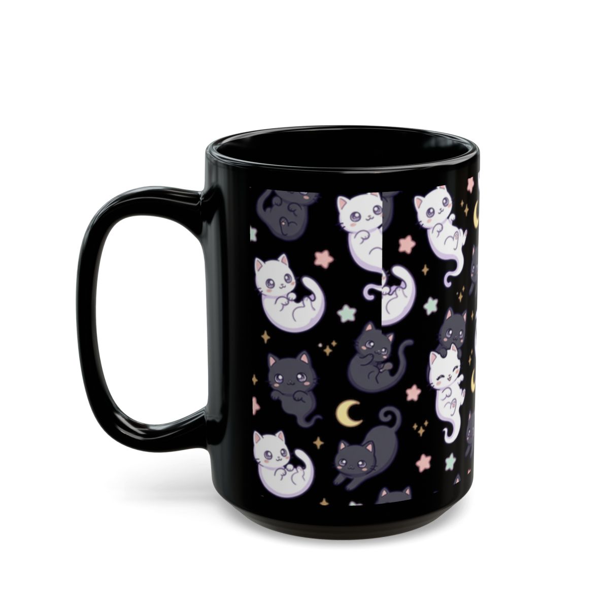 Ghost Cat Kawaii Black Ceramic Mug | 15oz | Perfect Gift for Cat Lovers