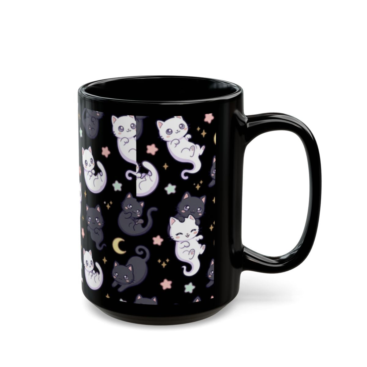 Ghost Cat Kawaii Black Ceramic Mug | 15oz | Perfect Gift for Cat Lovers