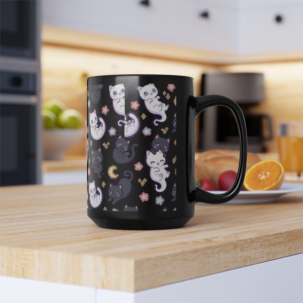 Ghost Cat Kawaii Black Ceramic Mug | 15oz | Perfect Gift for Cat Lovers