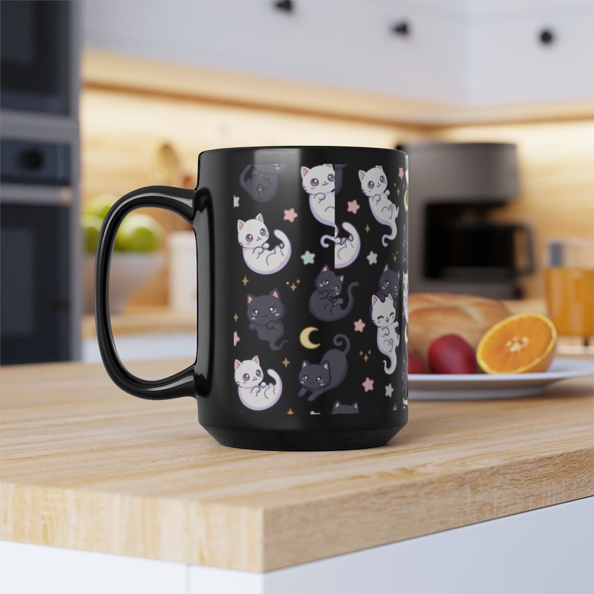 Ghost Cat Kawaii Black Ceramic Mug | 15oz | Perfect Gift for Cat Lovers