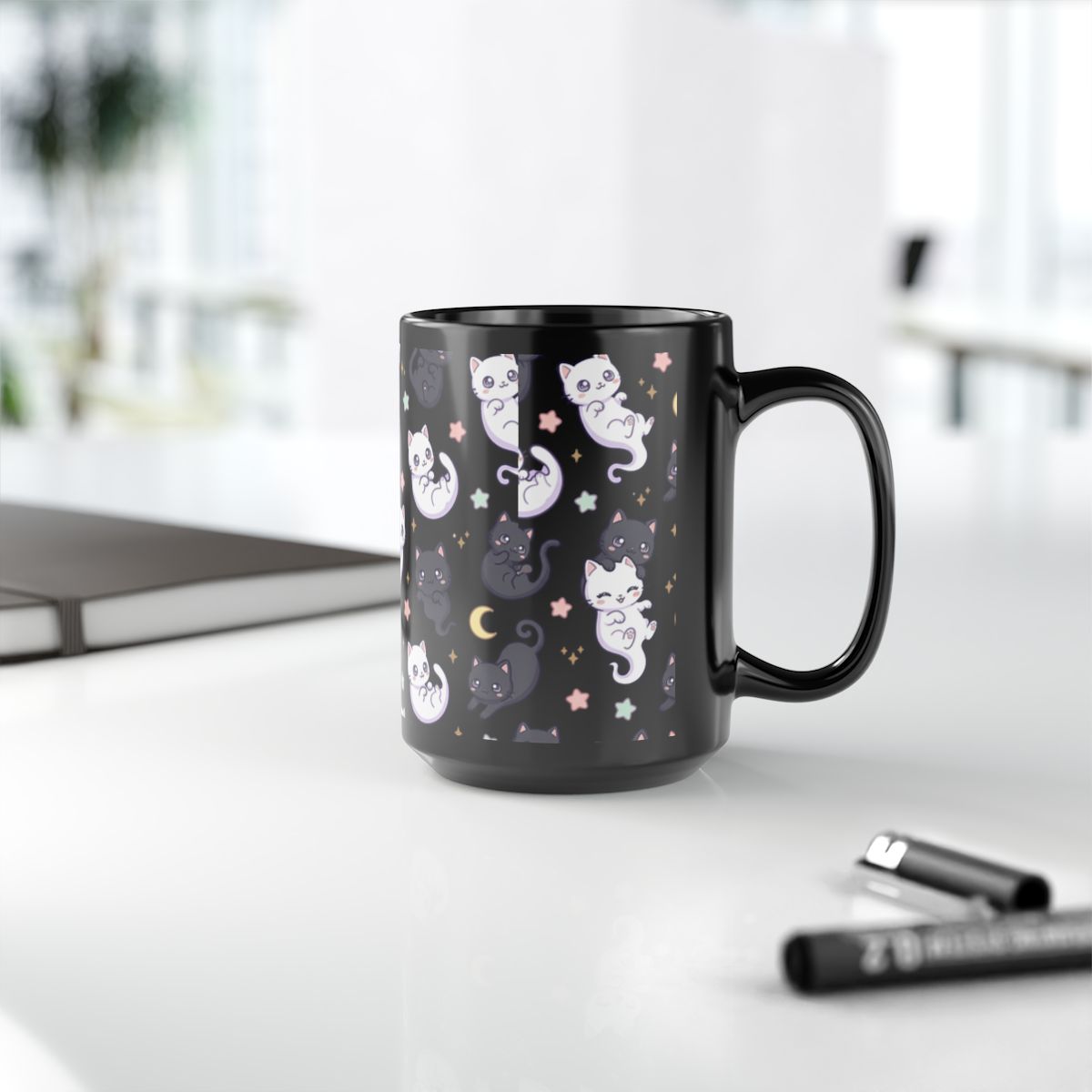 Ghost Cat Kawaii Black Ceramic Mug | 15oz | Perfect Gift for Cat Lovers